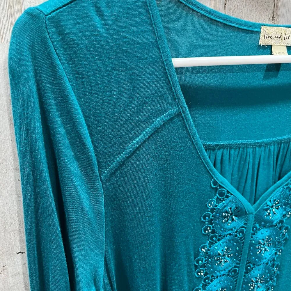 Live And Let Live Blue Long Sleeve Stretchy Shirt Popover Womens Large Y2K - Image 2