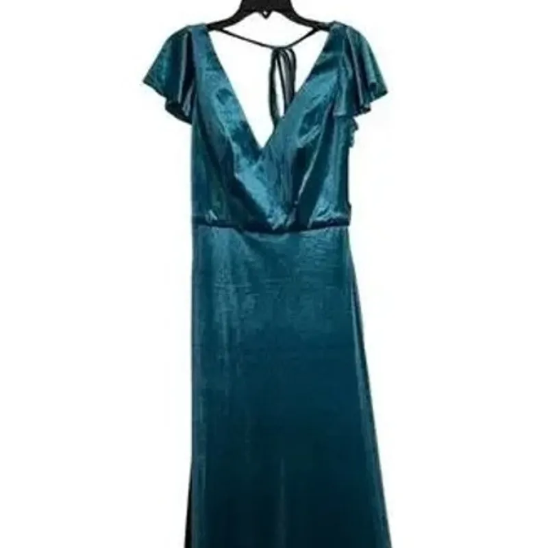 NWT After Six Lux Velvet Flutter Sleeve V Neck Maxi Dress Pockets 6 Dutch Blue - Image 3