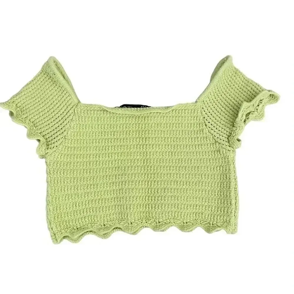 Zara Lime Green Crochet Off Shoulders Cropped Tank Top SZ S #1138 - Image 5