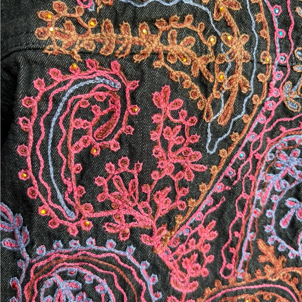 Coldwater Creek Black Jean Jacket Pink Blue Embroidery Cotton Womens XS - Image 8