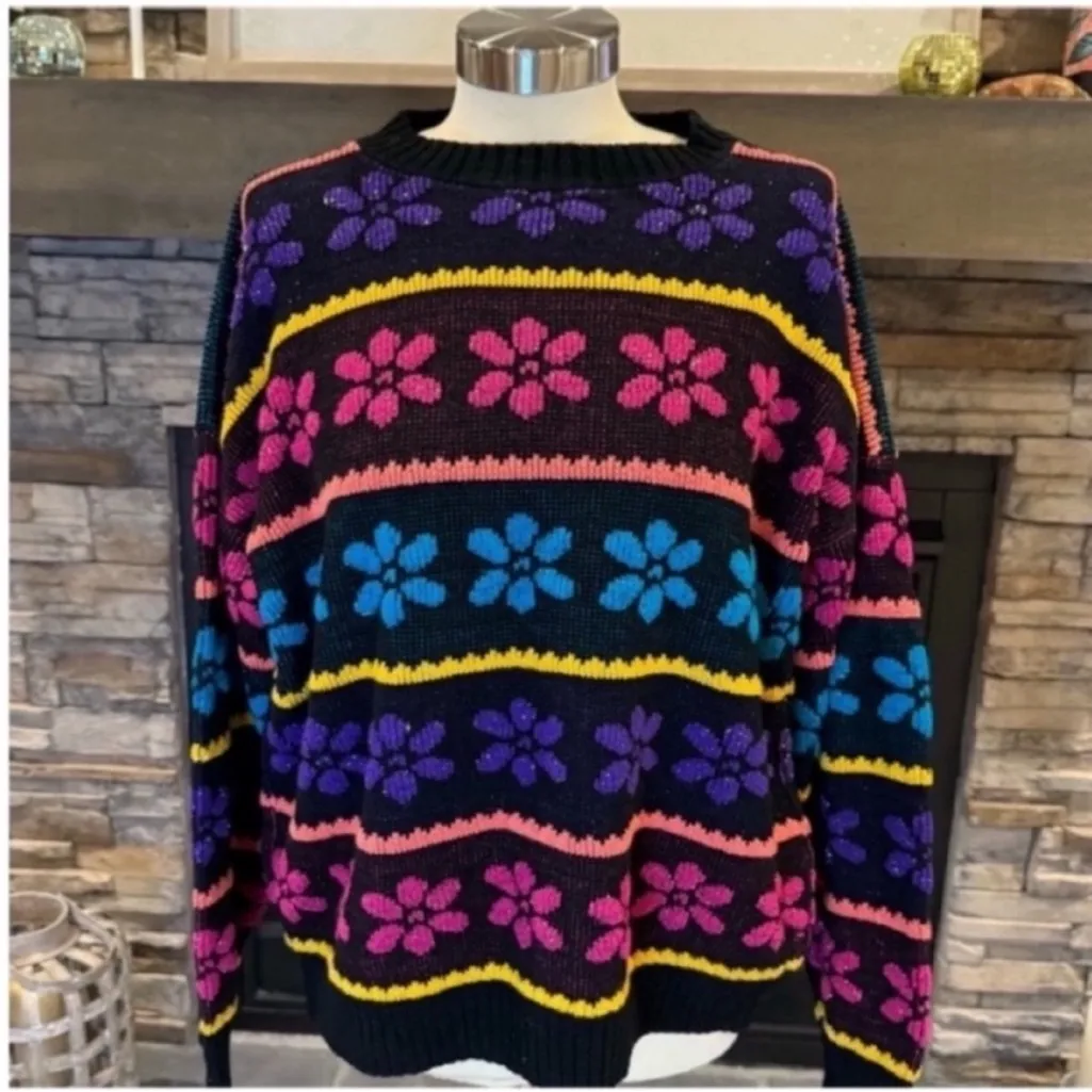 Vintage Floral Stripe Sweater in Pink, Blue, and Yellow Pink Size undefined - Image 5
