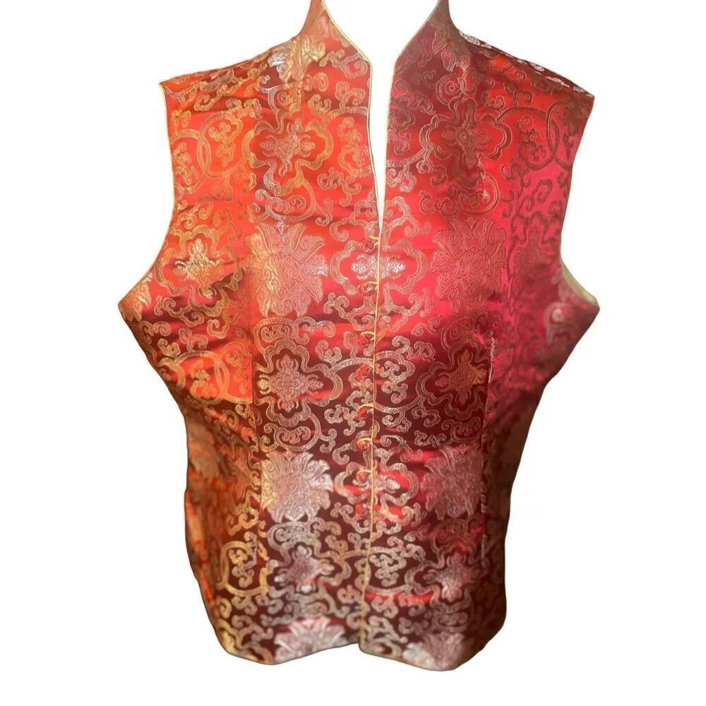 Asian Red and Gold Vintage 100% Silk Sleeveless Vest Size XXL - Image 11