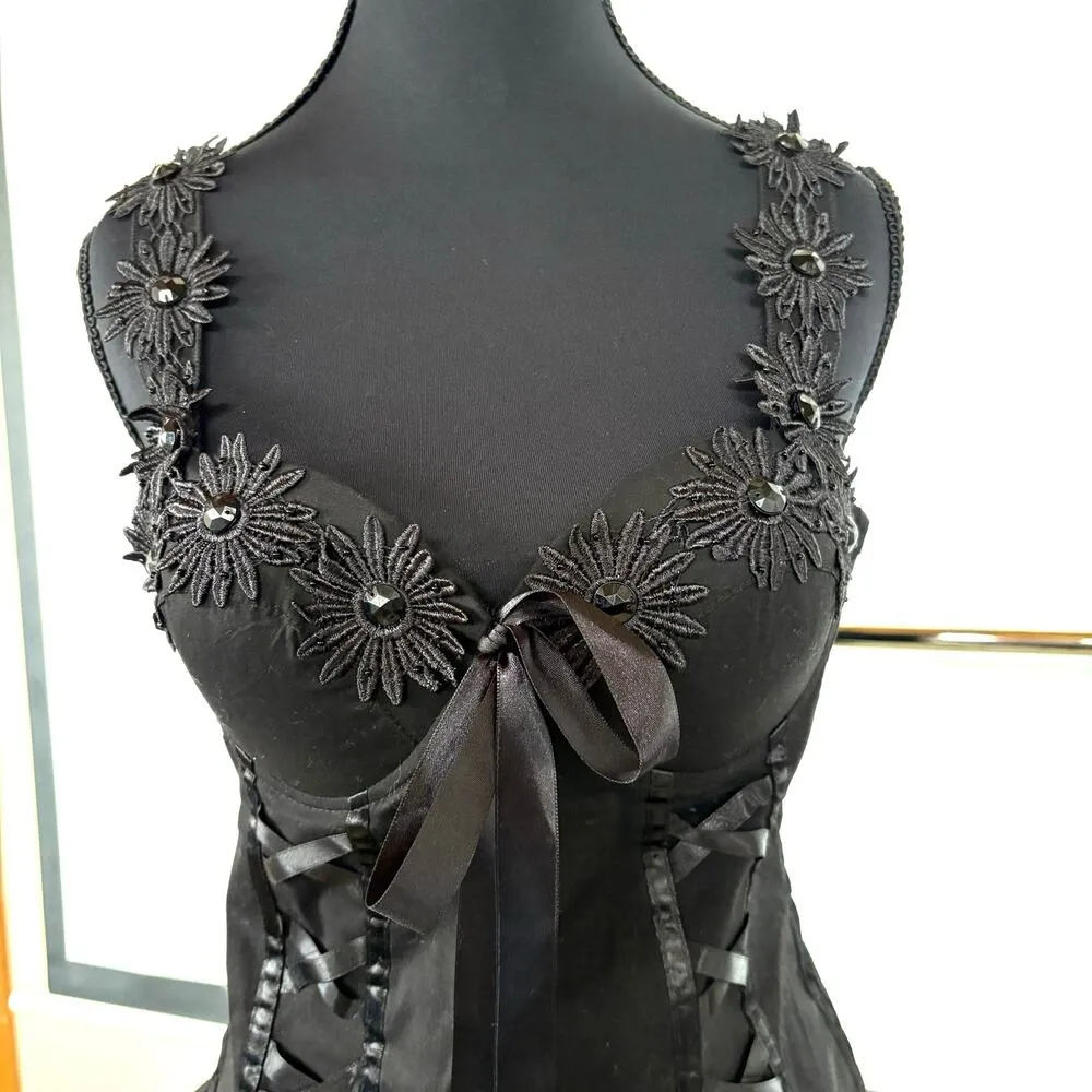 Sexy Witch Black Faux Lace Up Whimsigoth Coquette Dark Fairy Smocked Back Tank - Image 2