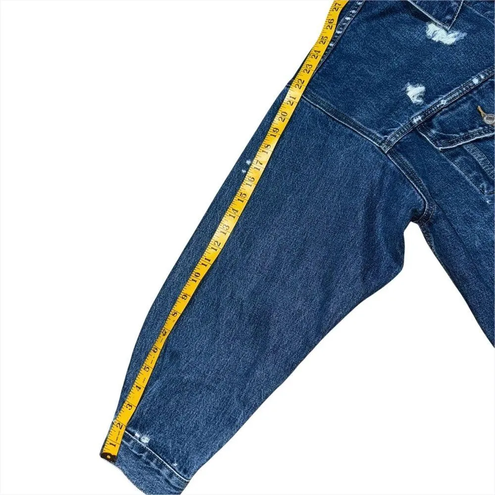 Levi’s Premium 90s Trucker Jacket Dark Wash Distressed Blue Denim Women’s Large - Image 6