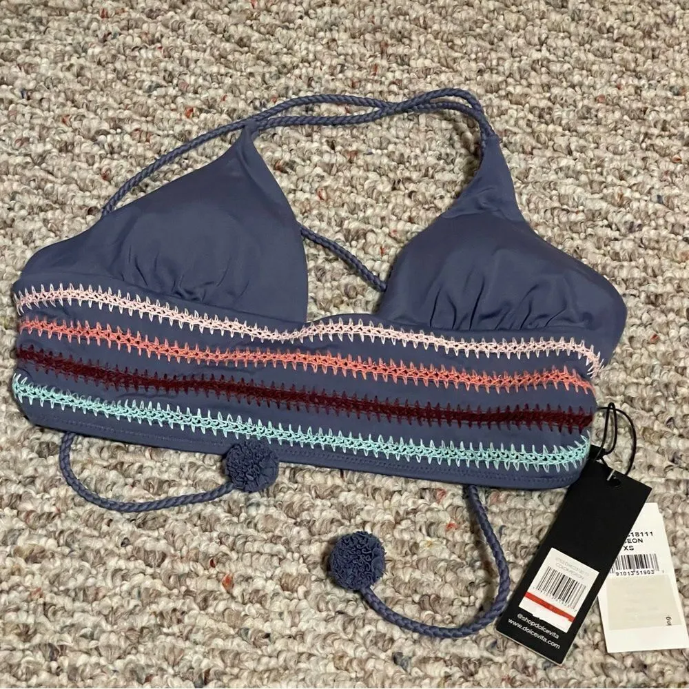 NWT l Dolce Vita Gray Embroidery Pom Pom Bikini Top Swimsuit - Image 5