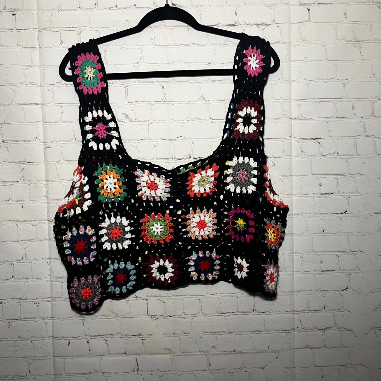 Crochet Granny Square Crop Top Multi Color Boho Festival Sleeveless Tank 3XL Black Size undefined - Image 3