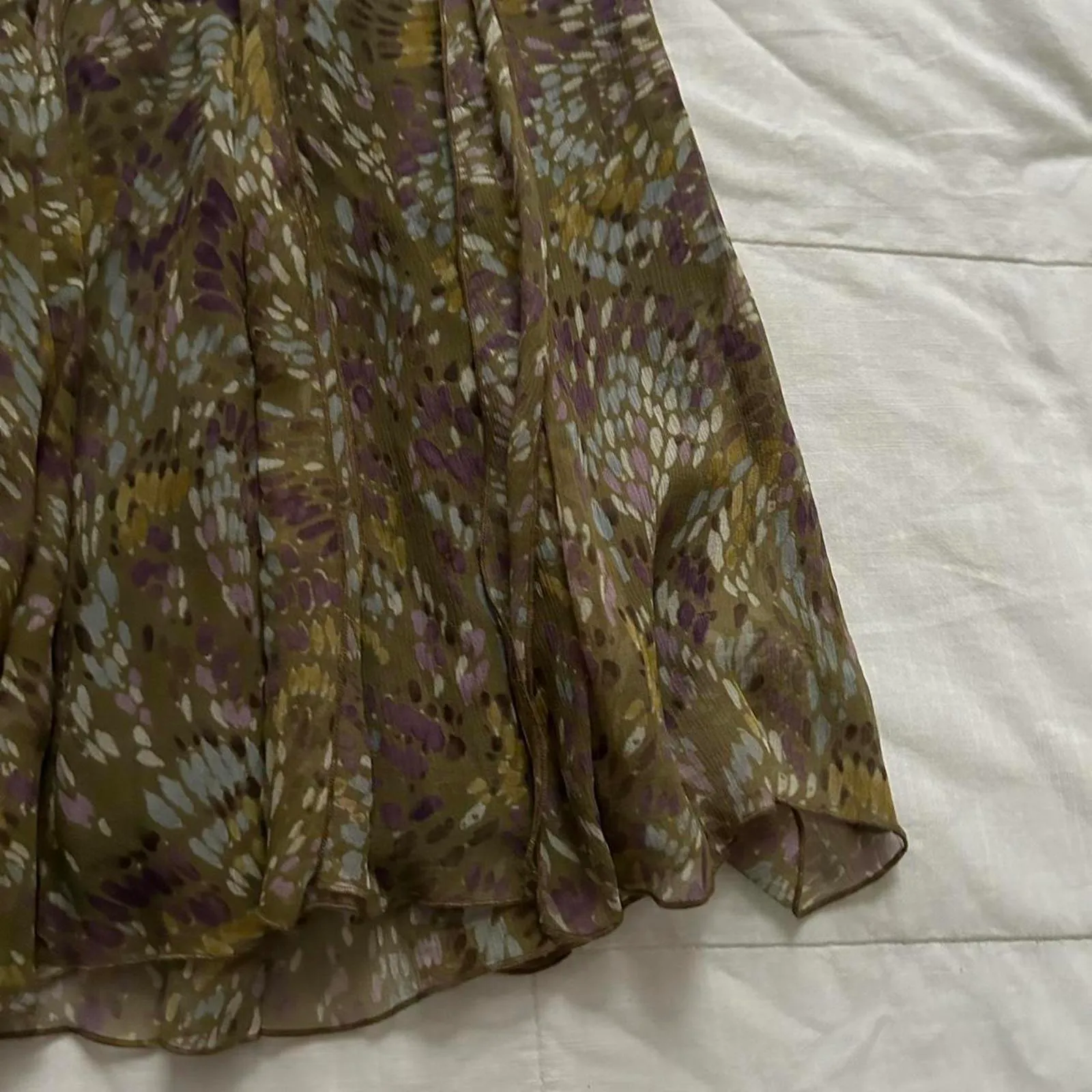 Nic and Zoe silk Olive green midi skirt with purple blue floral pattern Size 10 - Image 2