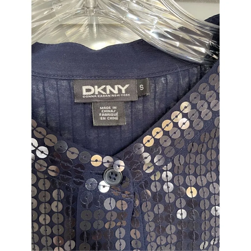 DKNY Sequin Long Sleeve Sheer Silk Blend Blouse Blue Size S - Image 8