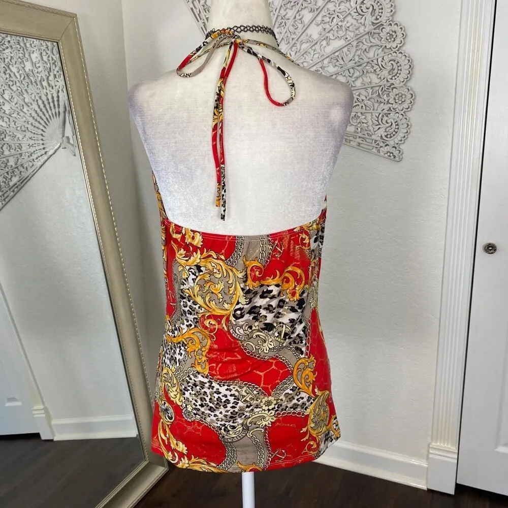 Y2K Boho Red Gold Paisley Low Cowl Neck Made in USA Halter Top Sz M Size M - Image 6