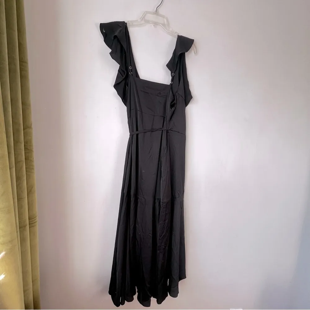 Petal & Pup Cally Black Satin Frill Shoulder Wrap Maxi Dress M - Image 10