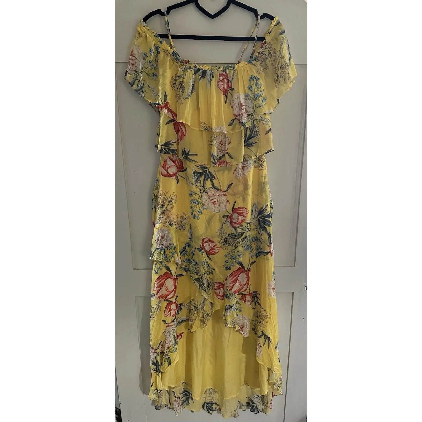 Women's BB Dakota Dress Yellow Floral Off Shoulder Ruffle Flowy High Low Size 0 - Image 2