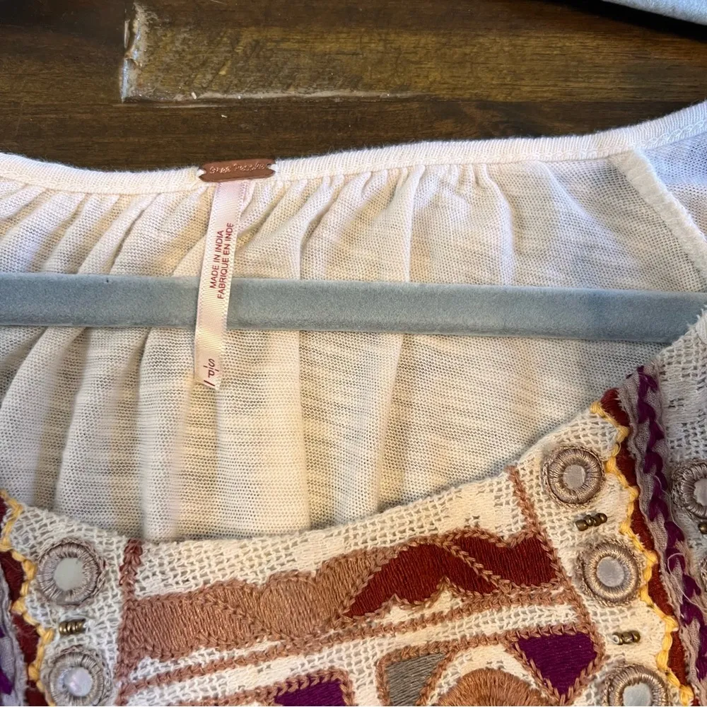 Free People Embellished Blouse Boho Top Distressed Oversized Cream Flowy S Layer - Image 5