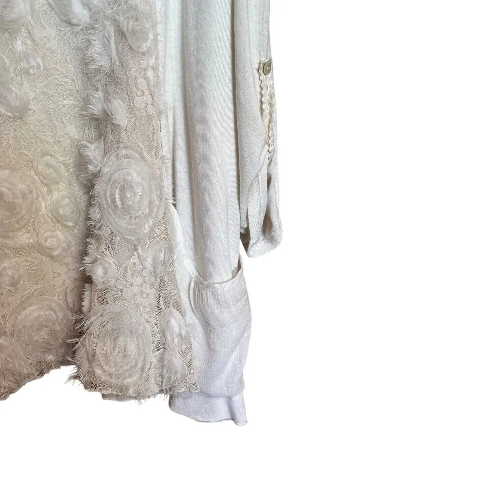 Ali Miles Tunic Top 1X Ivory Lace Floral Overlay Roll Tab Sleeves Artsy Blouse - Image 5
