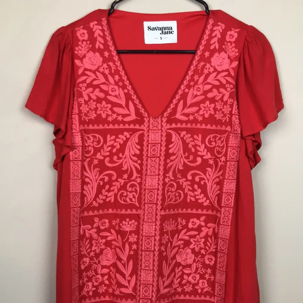 Savanna Jane Women s Floral Leaf Embroidered Red Flutter Sleeve Shift Dress - - From Hannah Savanna Jane Women s Floral Leaf Embroidered Red Flutter Sleeve Shift Dress - - From Hannah