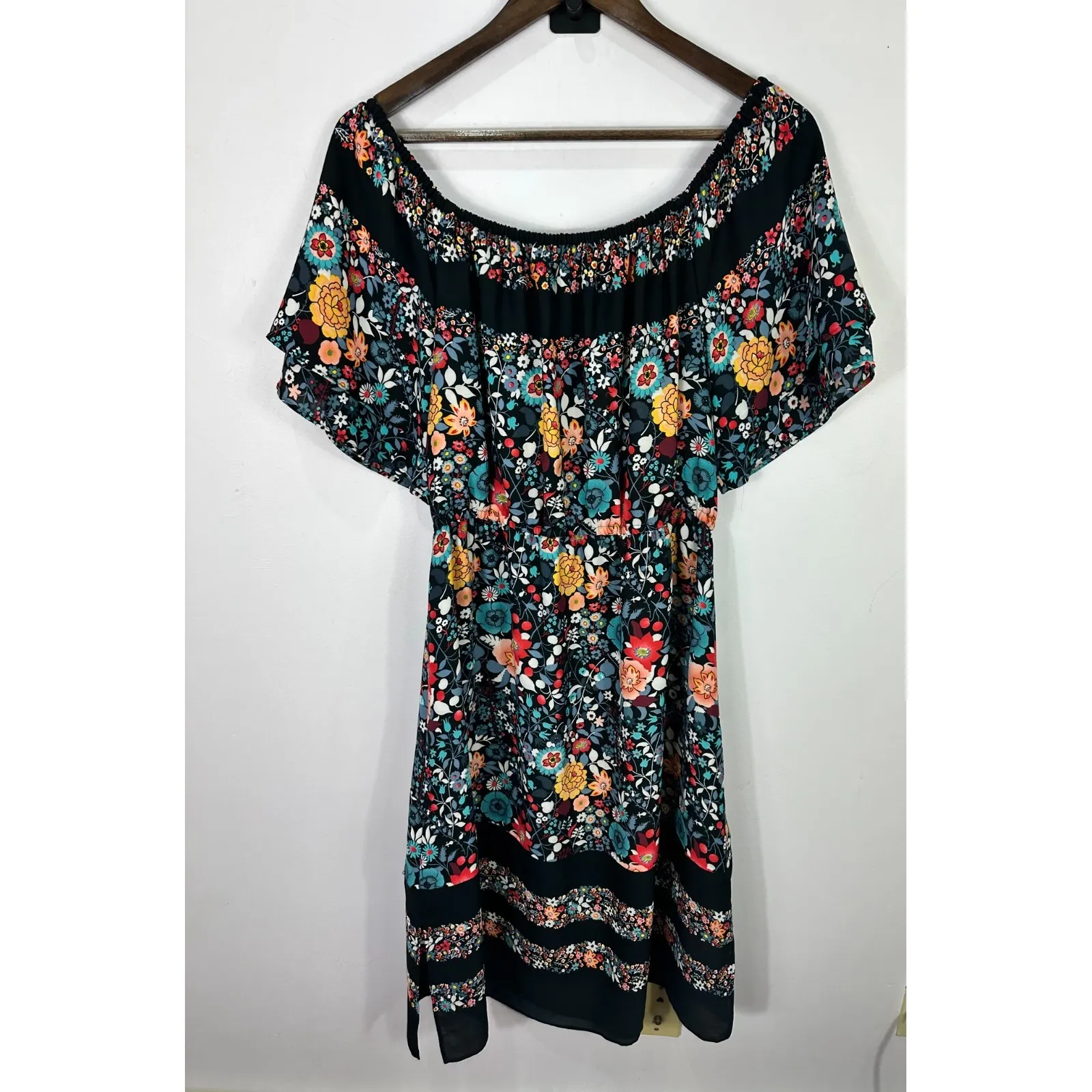 LOFT Floral Boho Off Shoulder Dress Medium Black Cottagecore Peasant Romantic - Image 5