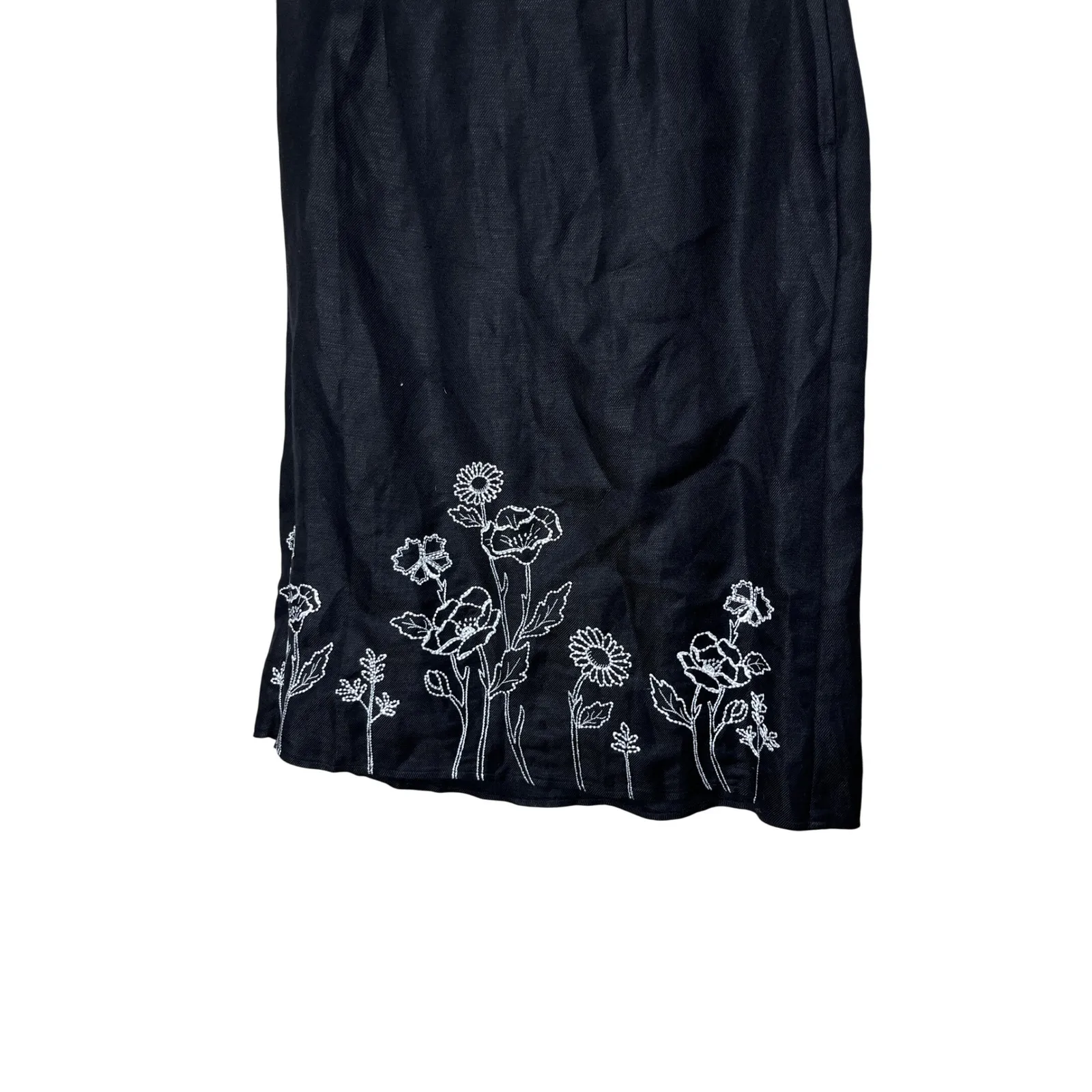 Mary McFadden Petite Black Linen Blend Midi Skirt White Floral Embroidery 8P - Image 2