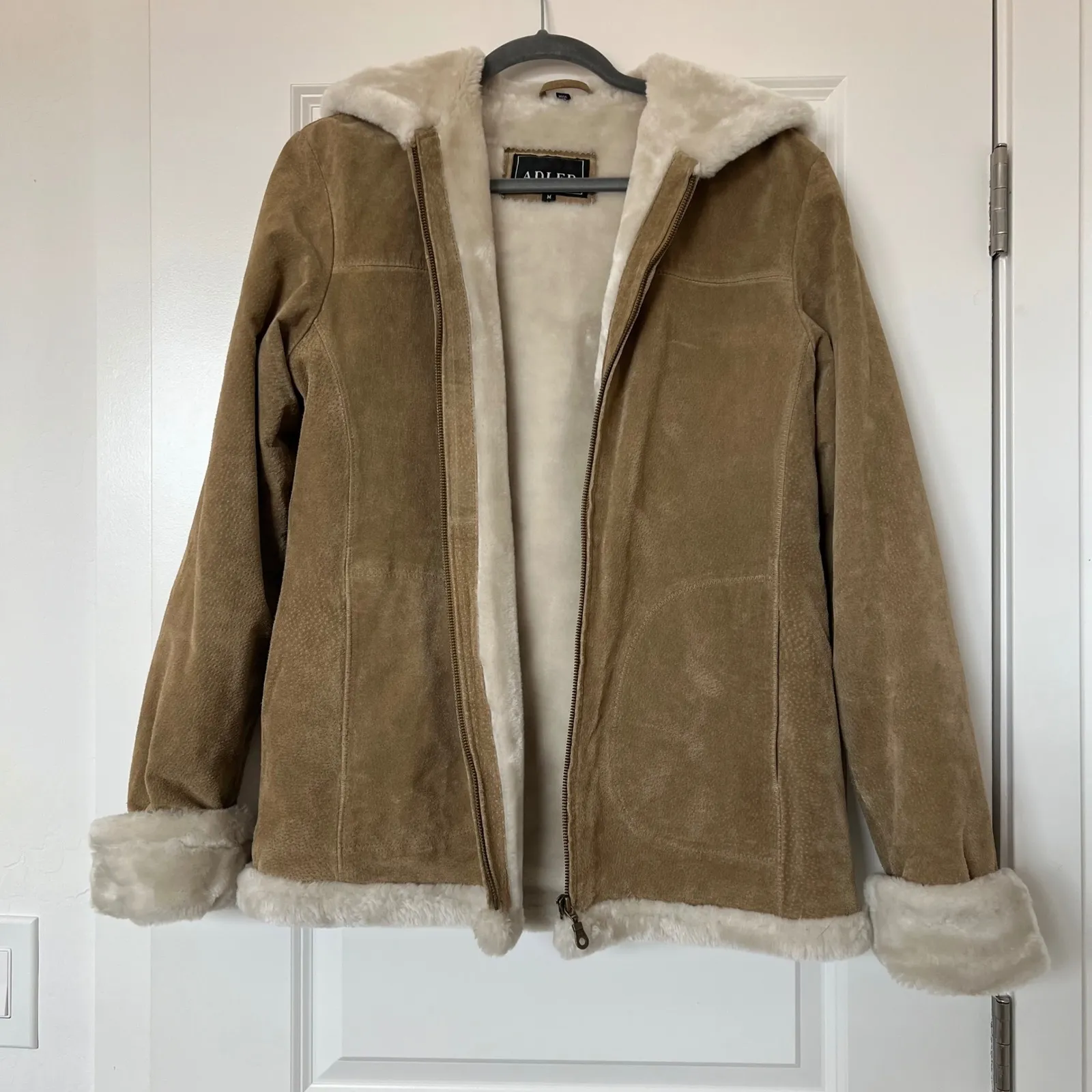 Adler Collection Suede Sherpa Lined Hooded Jacket Coat Size M Full Zip Brown Size M - Image 5