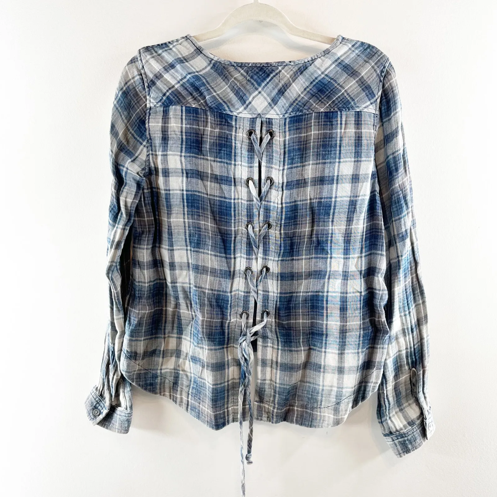 Cloth & Stone Plaid Long Sleeve Lace Up Back Flannel Shirt Blue Small - Image 3