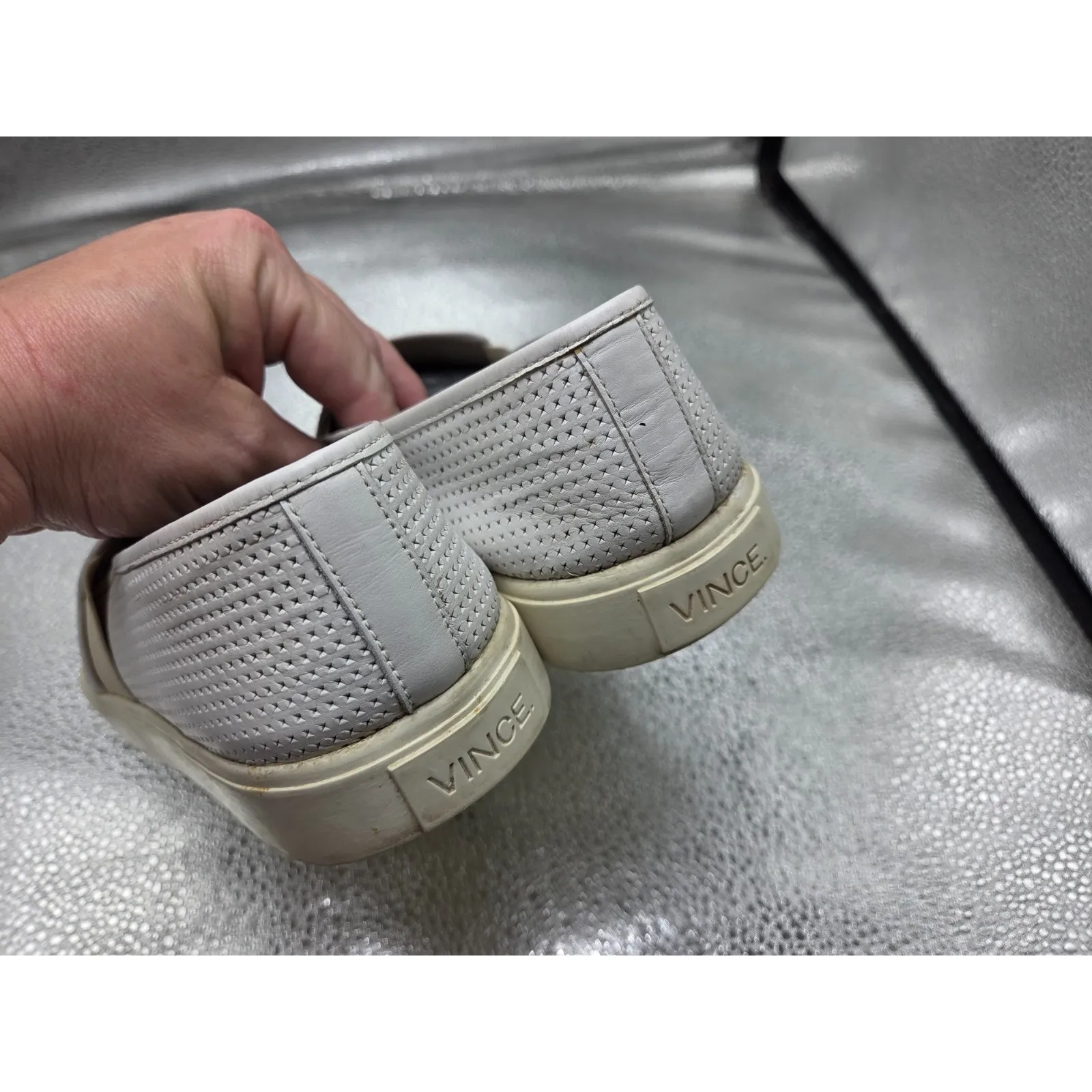 VINCE Ivory Bone Perforated Soft Leather Slip On Sneakers Size 9 Shoes - Image 4