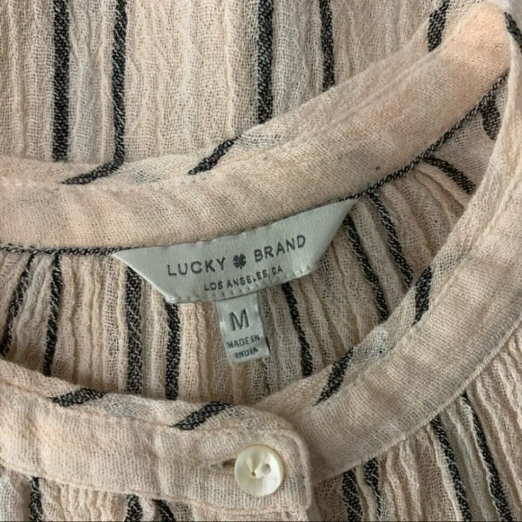 Lucky Brand Striped Boho Peasant Blouse‎ Long Sleeve Button Front Beige Black M - Image 5