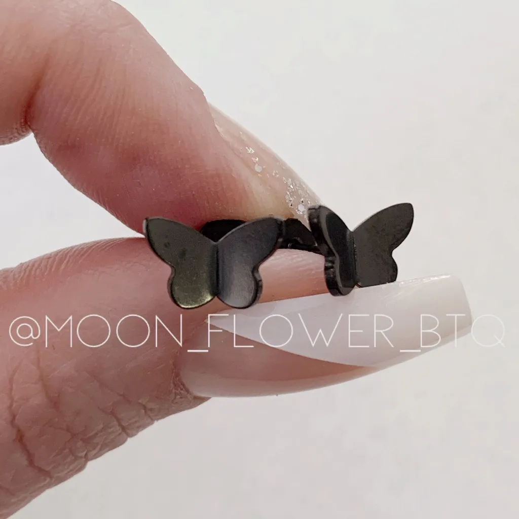 Black Stainless Steel Butterfly Flat Back Earrings - Image 2