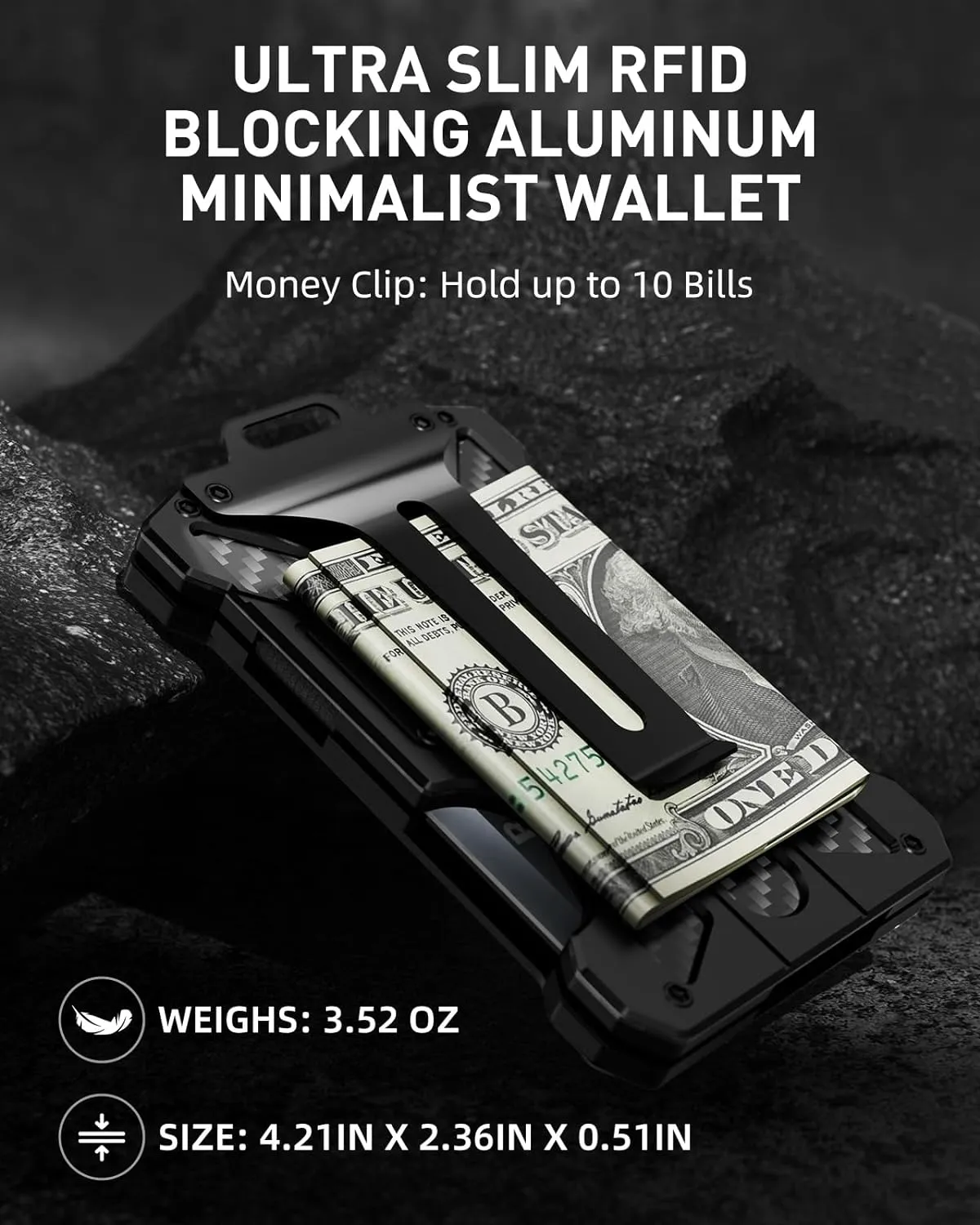  Metal Wallet for Men Minimalist Wallet with Clear ID Card Holder Slim RFID Blocking Front Pocket Carbon Fiber Wallet Money Clip Tactical Wallet Gift for Men - Image 3