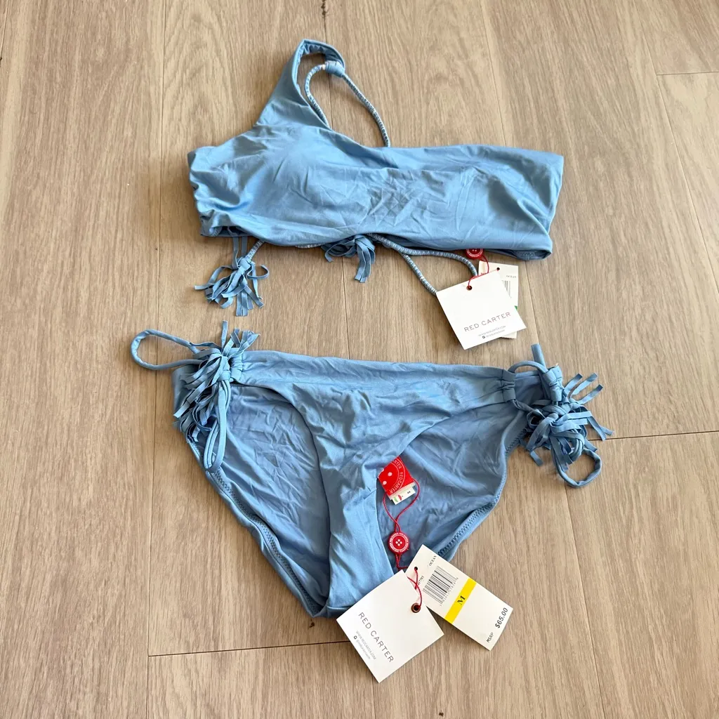 Red Carter Light Blue One-Shoulder Bikini Set Fringe Tie Sides - Image 2