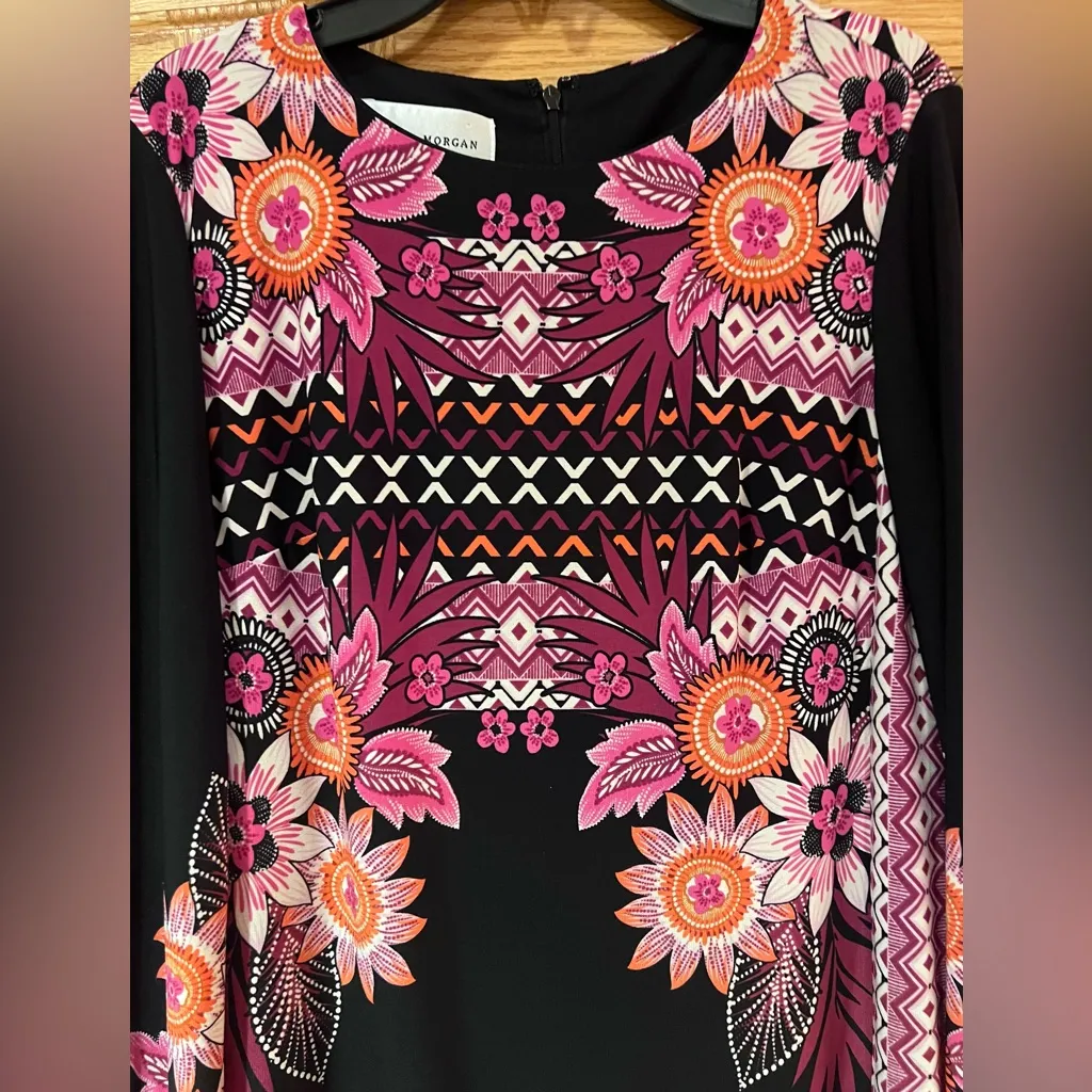 Donna Morgan 3/4 Sleeve Pink Floral‎ Print Stretch Jersey Shift Black Dress Sz 2 - Image 3