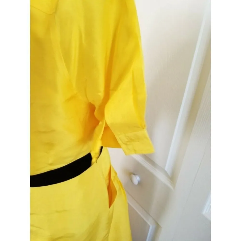 Vintage Ellen Tracy Short Sleeve Yellow Silk Black Velvet Sash Button Down Dress - Image 4