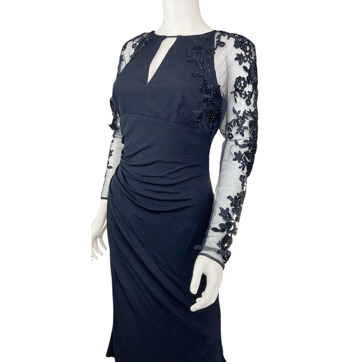 David Meister Navy Blue Beaded Evening Gown W/Sheer Sleeves & Floral‎ Embroidery - Image 3