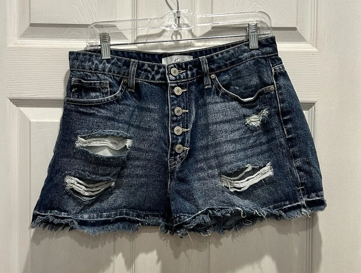 Kancan Jeans Womens High Rise Distressed Denim Cutoff Shorts Button Fly Blue L Size L - Image 1