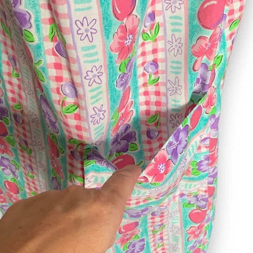 Vintage 80s Dress Colorful Fruit Floral Red Gingham Checkered Tropical Print Blue Size M - Image 4