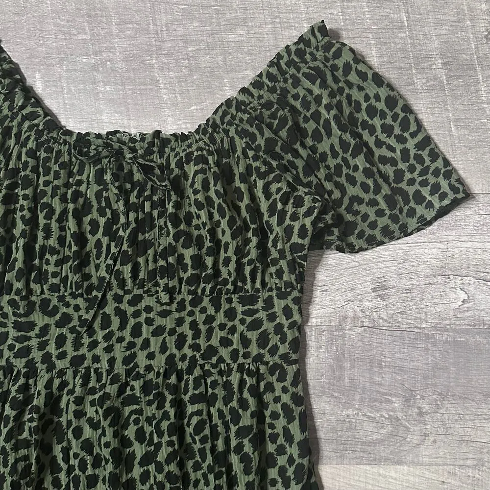 Francescas Mi Ami Green Leopard Print Flounce Mini Dress M Peasant Top Ruffle - Image 3