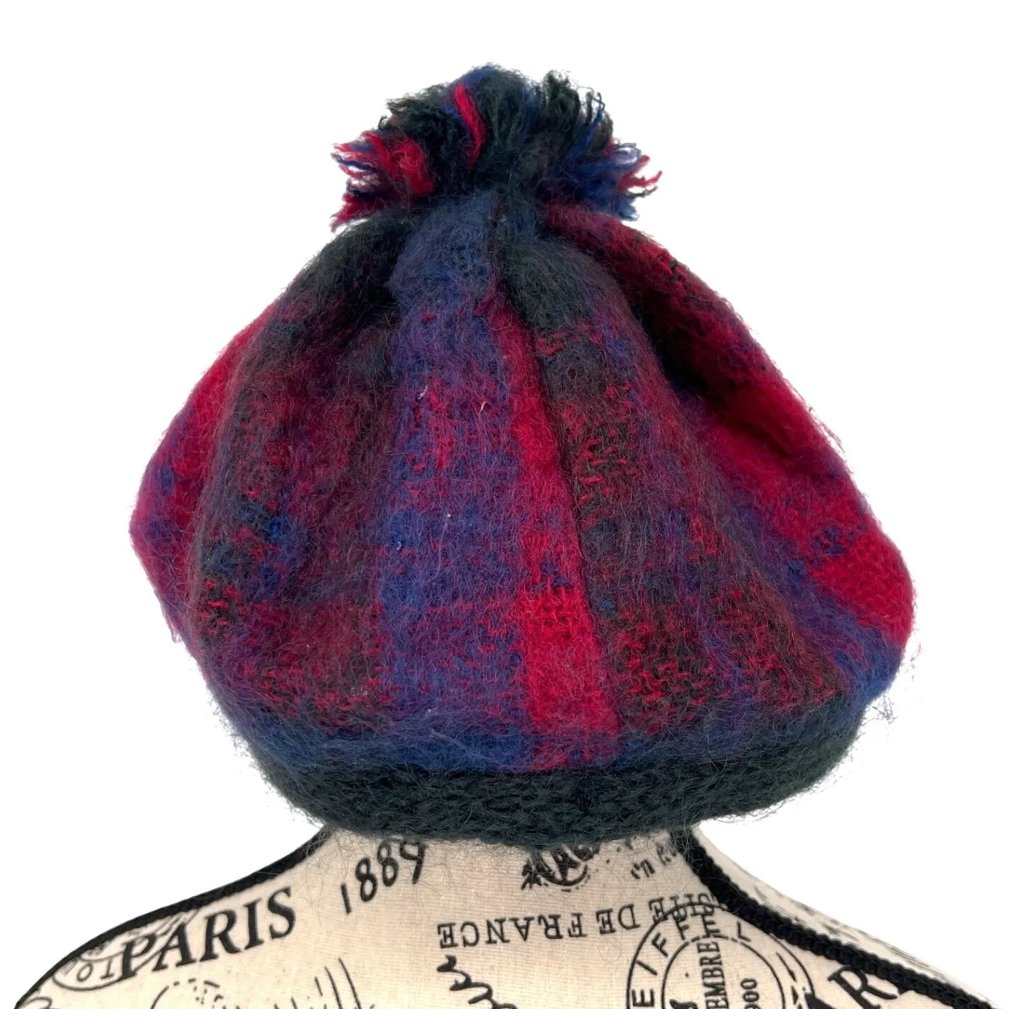 Donegal Design Mohair Wool Tam Hat Multi Plaid Handwoven Made in Ireland EUC Pink - Image 2