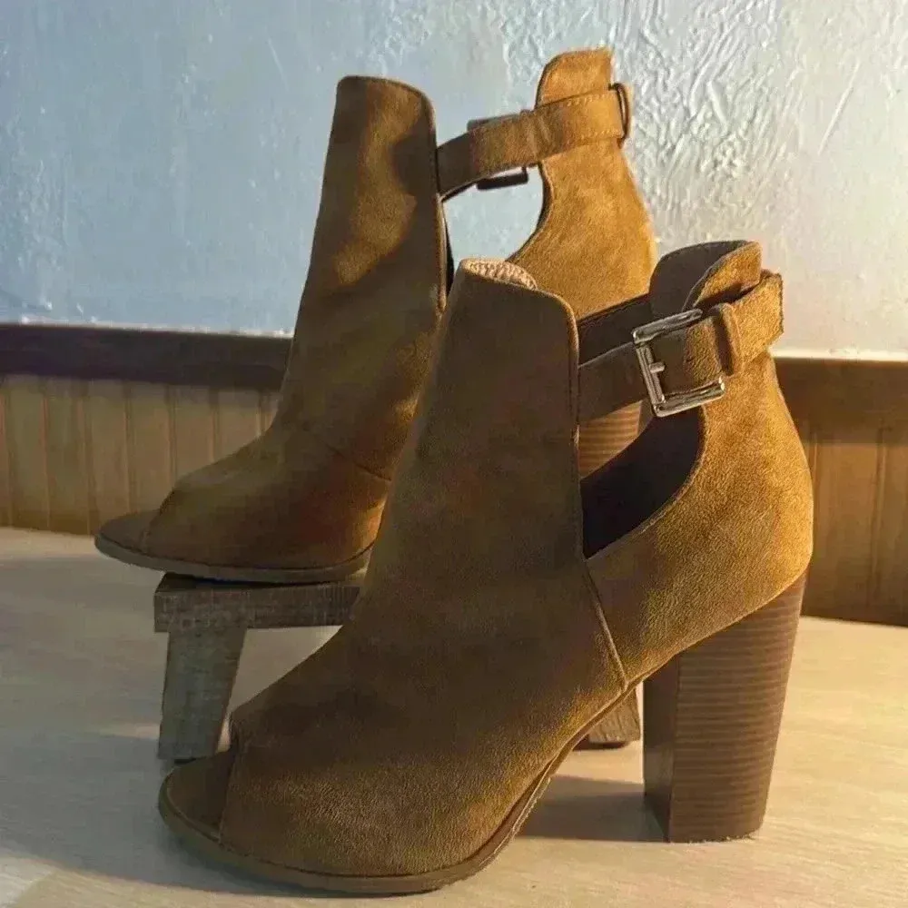 Bella Marie “Sarah Tom” Suede Peep Toe Buckle Ankle Booties - Image 3