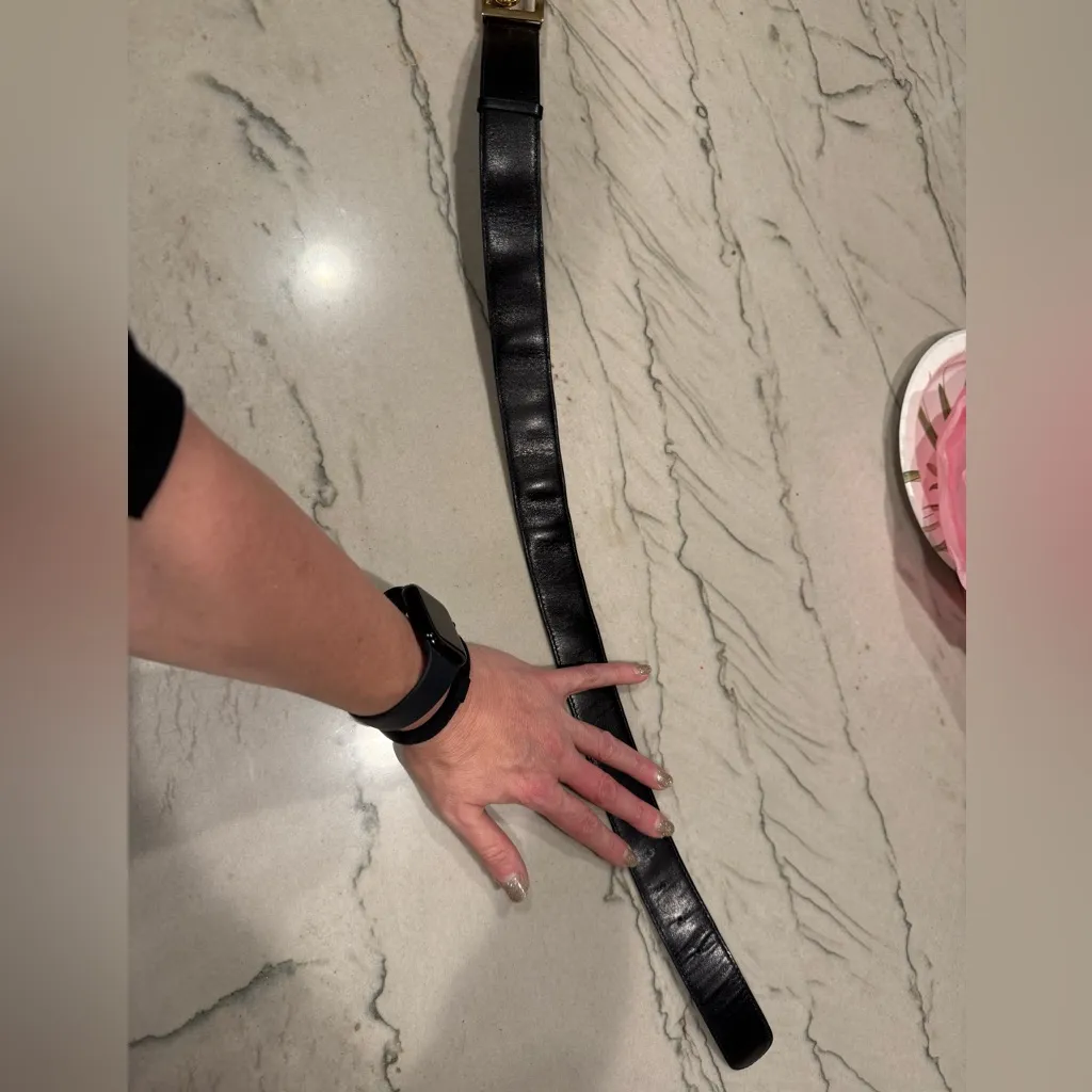 Vintage CELINE Black Leather Gold Carriage Buckle Belt Made in Italy - Image 7