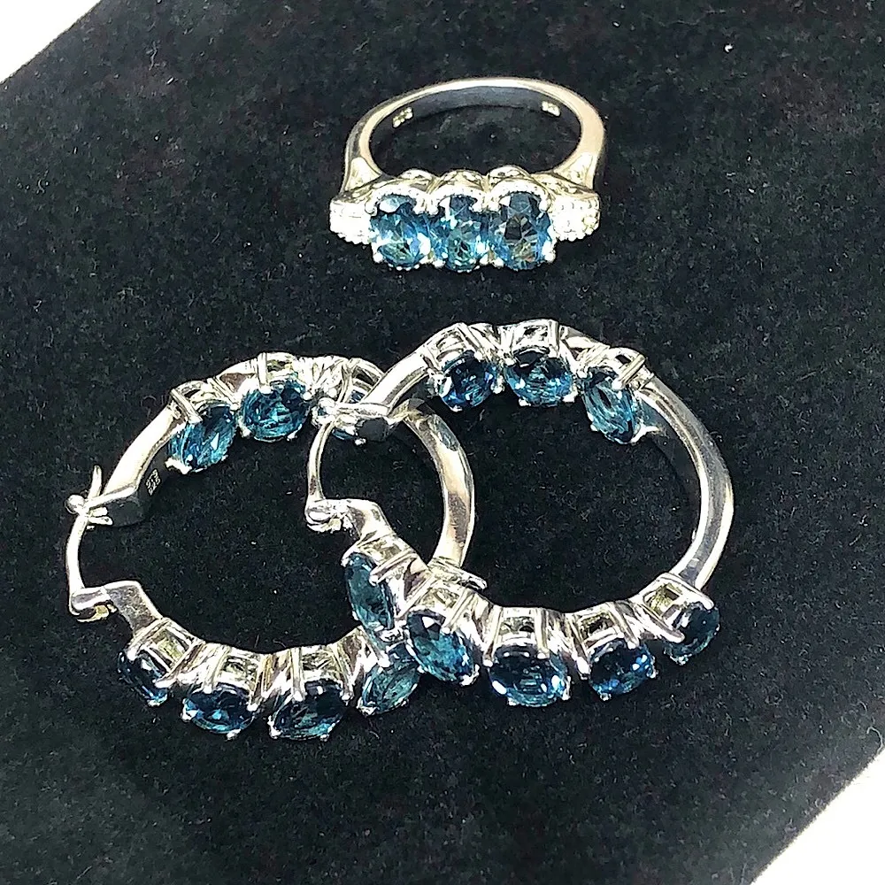 Blue Spinel Hoop Earrings & Ring Set Sz 8 Electroplated Rhodium Sterling Silver - Image 3