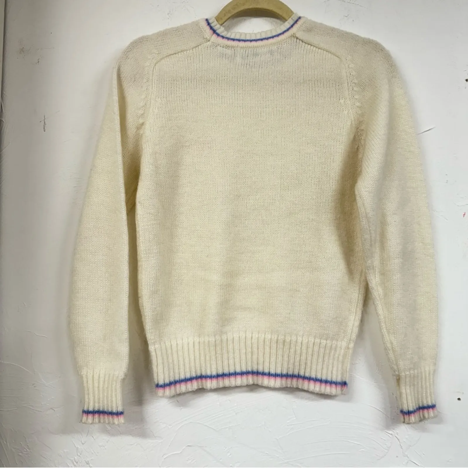 Vintage Cream Crew Neck Sweater Pink & Blue Trim Girl Core Womens M Unicorn - Image 11