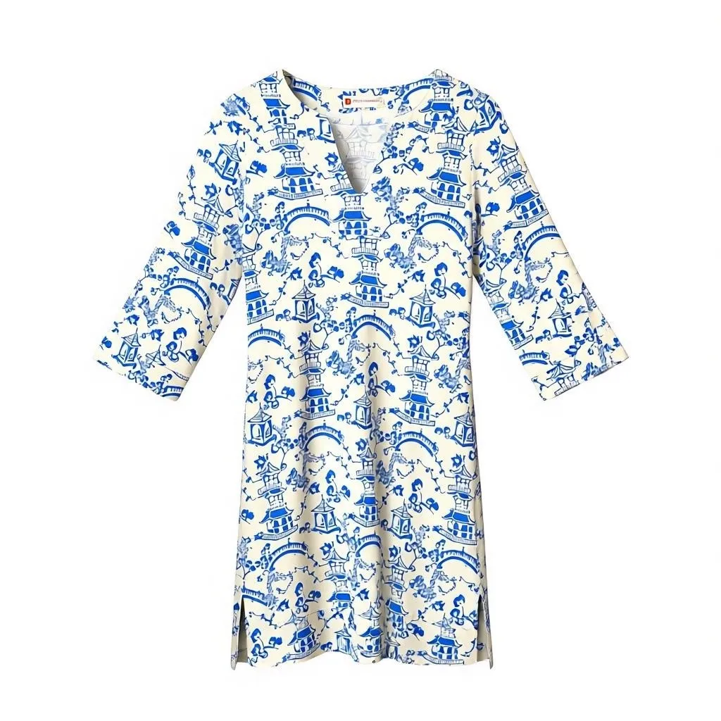 Jude Connally Megan Short Dress Chinoiserie Print Asian Artsy Size XS Blue White - Image 6