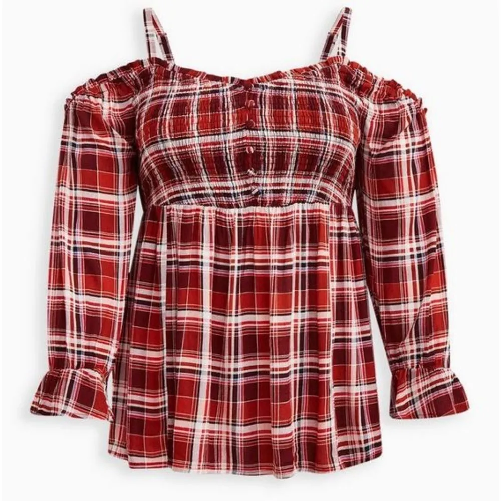 PLAID COLD SHOULDER SMOCKED LONG SLEEVE RUFFLE BOHO ADJUSTABLE STRAP TOP - Image 5