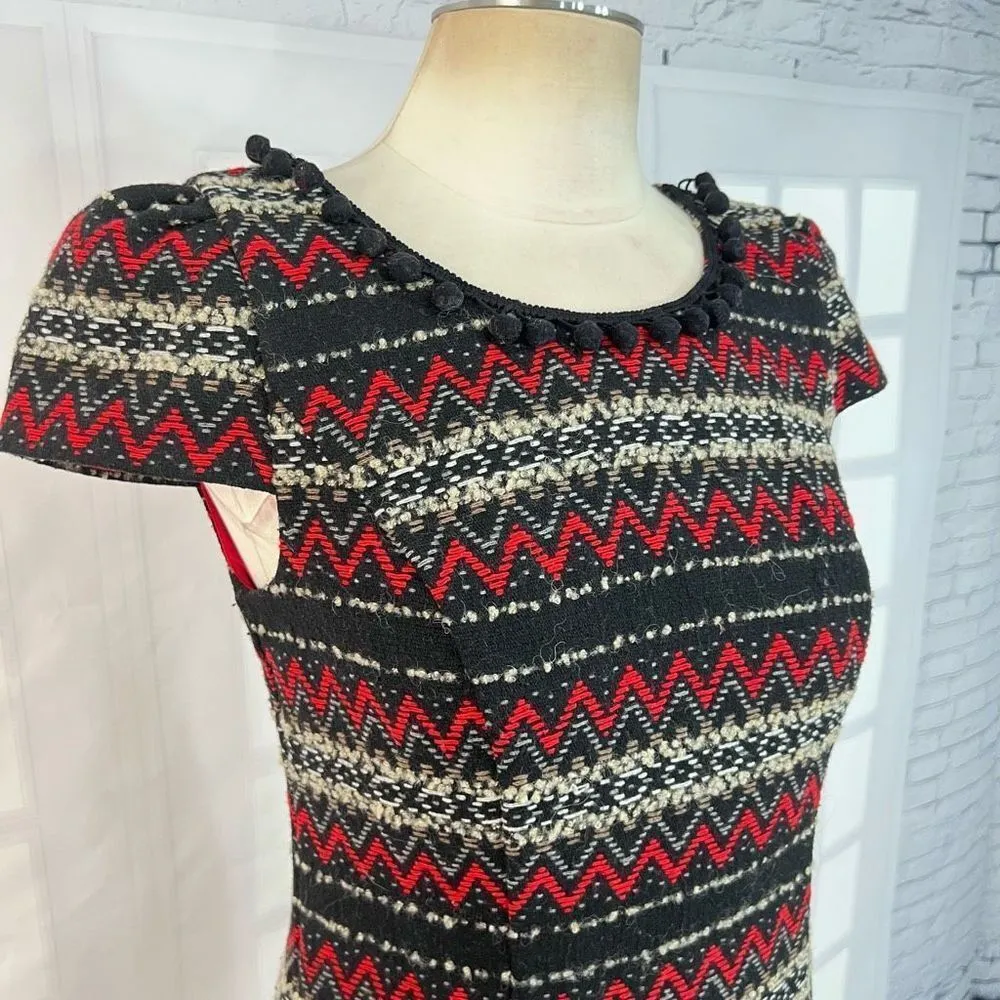 Vanessa Virginia Jinete Knit Ikat Zigzag Print Pompom Fringe Red Black Dress 4 - Image 2