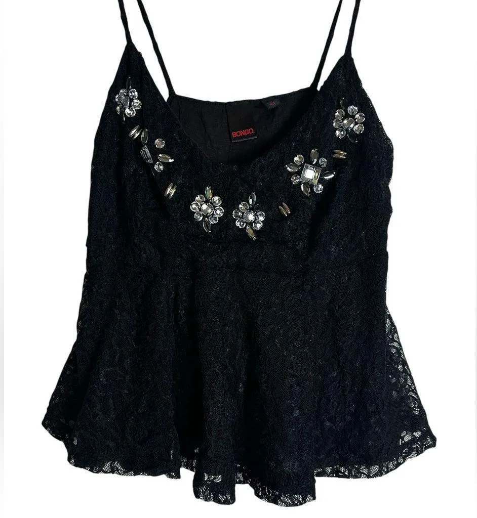 Bongo Black Lace Babydoll Crop Top Y2K Dark Fairy Grunge Rhinestones Size M - Image 3