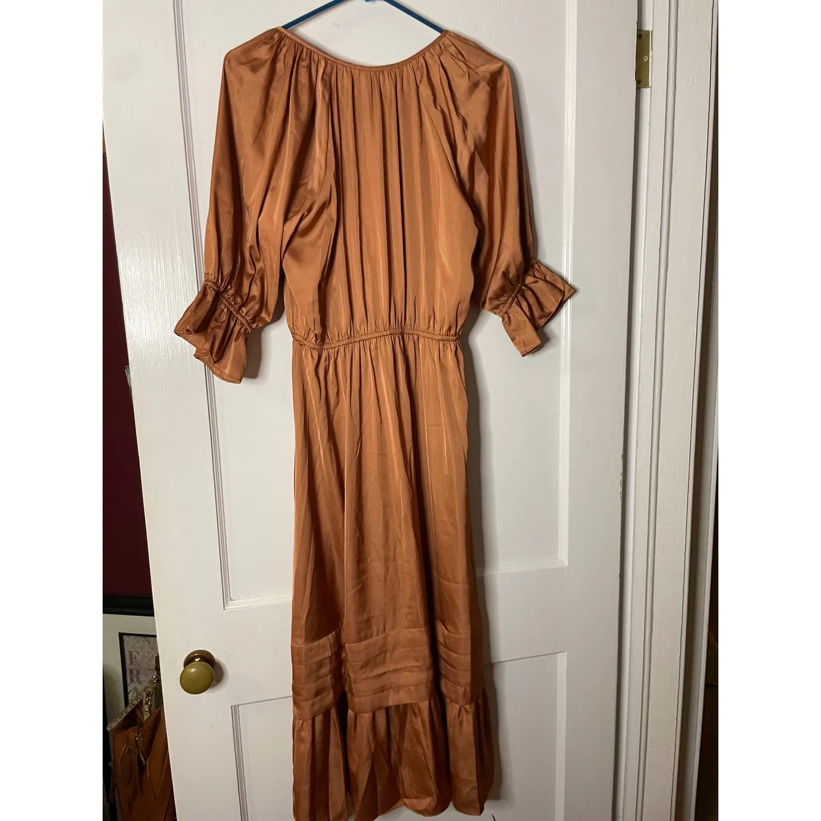 dRA Los Angeles Copper Satin Tie Neck Midi Dress Elastic Waist Ruffle Sleeve Orange Size XS - Image 4