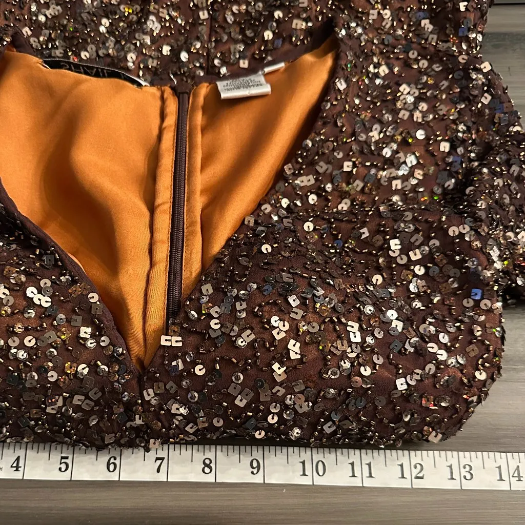 Shail K. Womens Sequin Cocktail Prom Mini Bodycon Dress Long Sleeves Size 2 Brown - Image 9