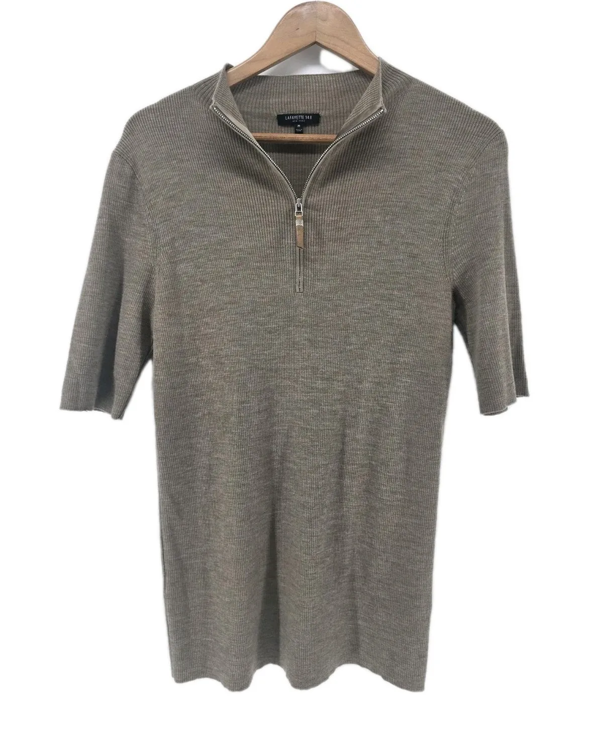 Lafayette 148 Womens Tan Ribbed Wool Half Zip Sweater Elbow Sleeves Medium - Image 1