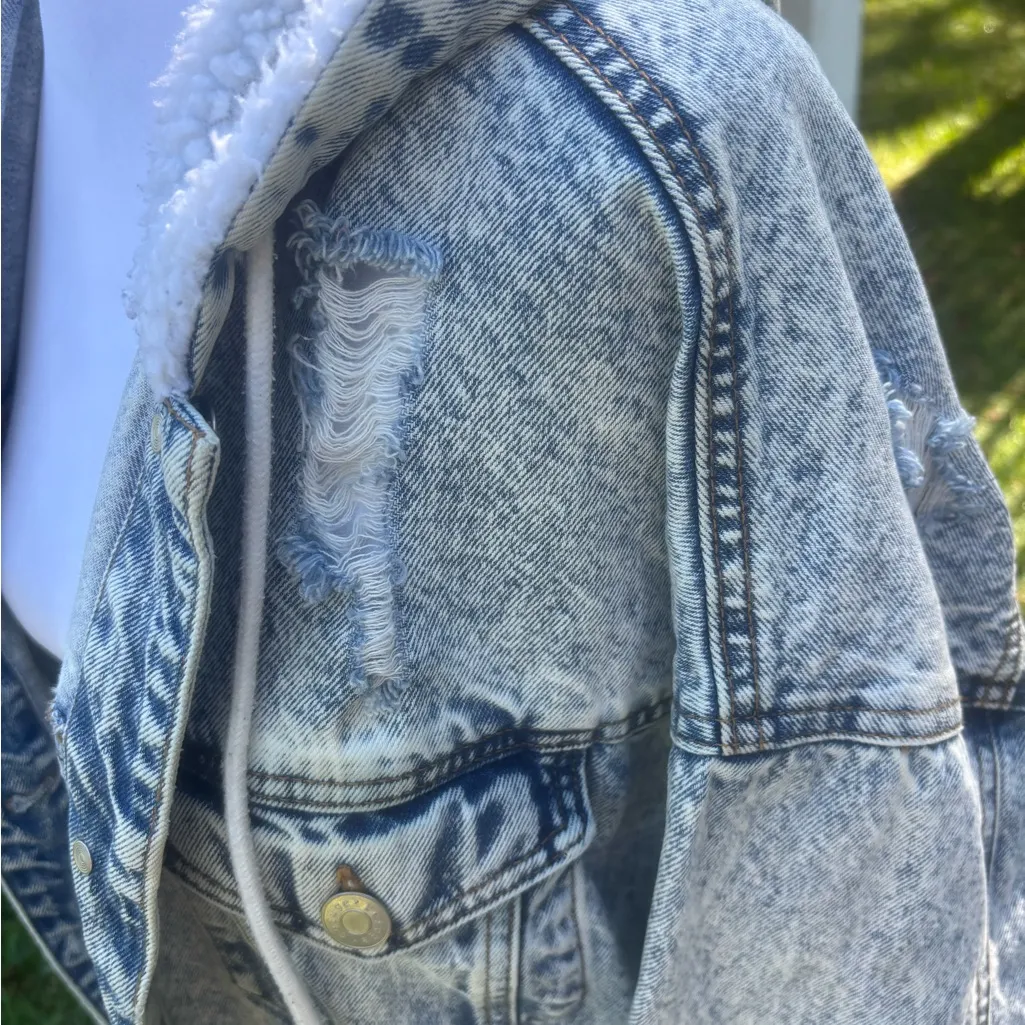 Refuge Acid Wash Denim Jacket With Sherpa Lining Vintage 90s Y2K Size Large Blue - Image 8