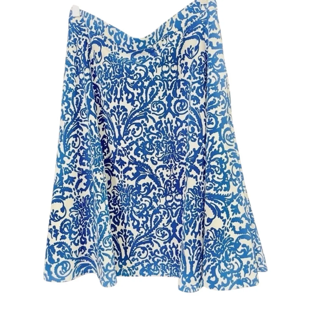 Adrienne Vittadini Blue White Floral Midi Skirt A-Line Stretchy Elastic Waist L - Image 2
