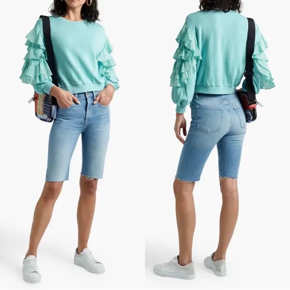 NWT ALICE + OLIVIA Evalyn Cropped Ruffled French Cotton-Blend Terry Sweatshirt M - Image 14