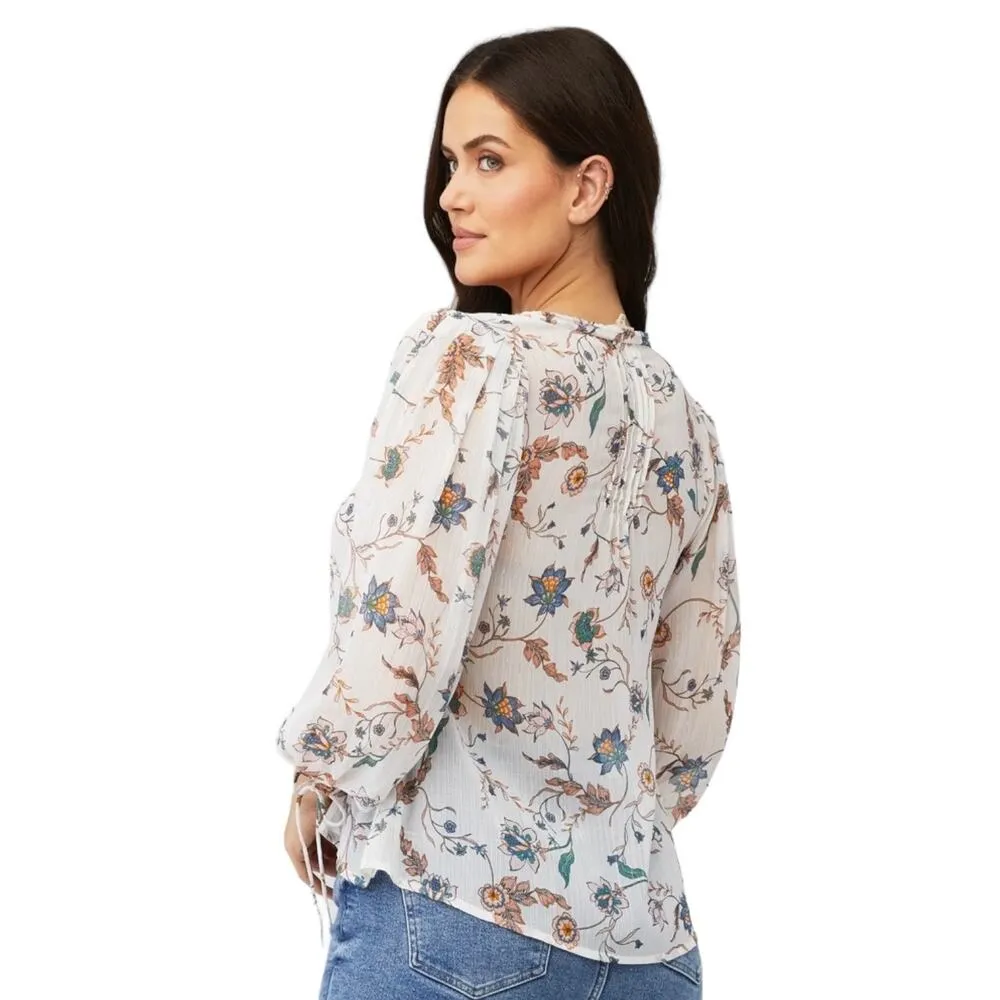 For Love and Lemons Romy White Floral Pintuck Button Blouse-Medium - Image 3