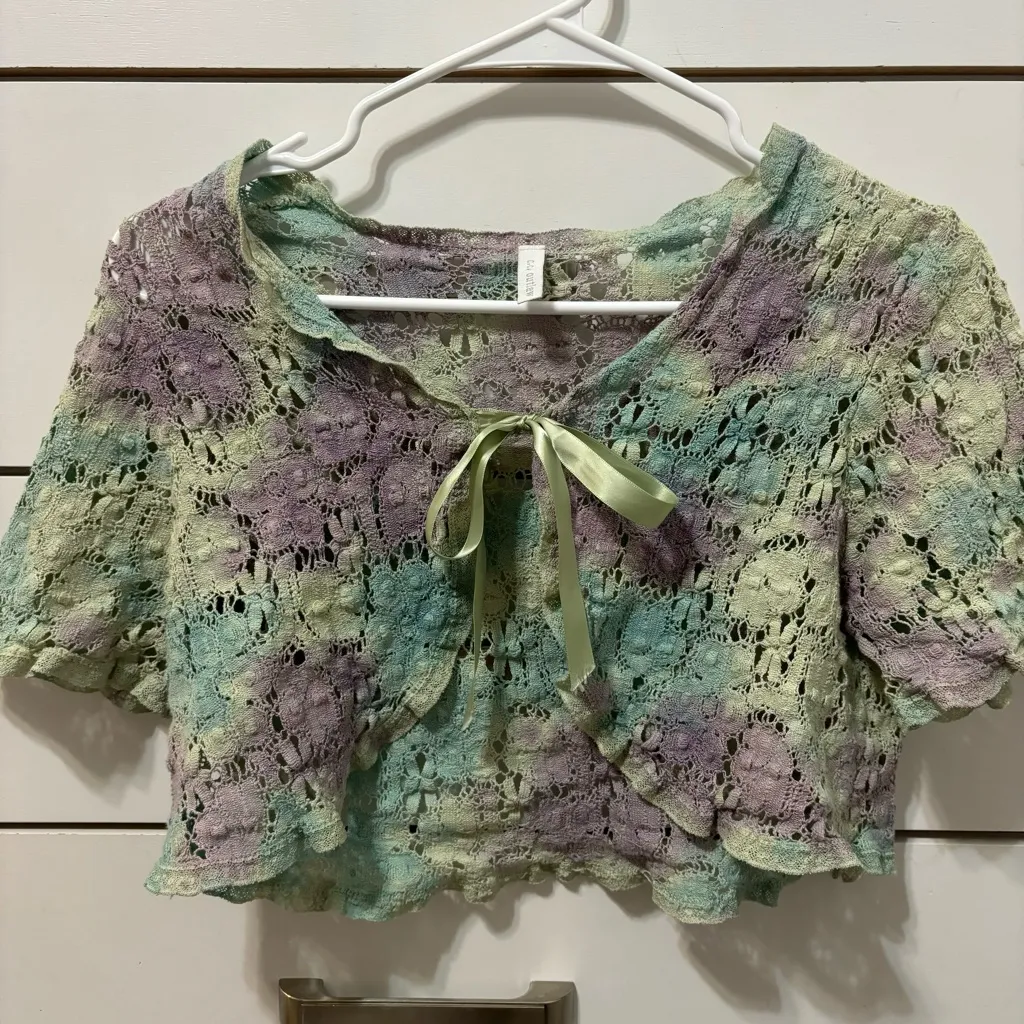 Y2K Lacey Multicolor Tie Front Sheer Top Green Size XS - Image 2